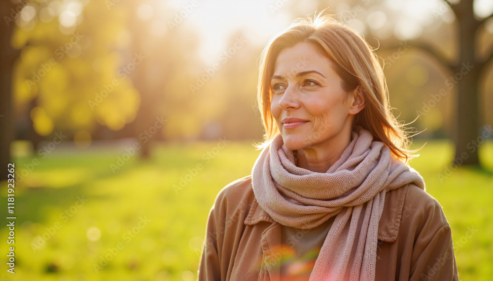 Smiling woman in scarf walking through spring park, vitality and health Smiling woman in scarf walking through spring park, vitality and health