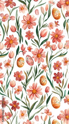 Floral pattern featuring daisies and tulips intertwined with pastel Easter eggs in soft watercolor texture