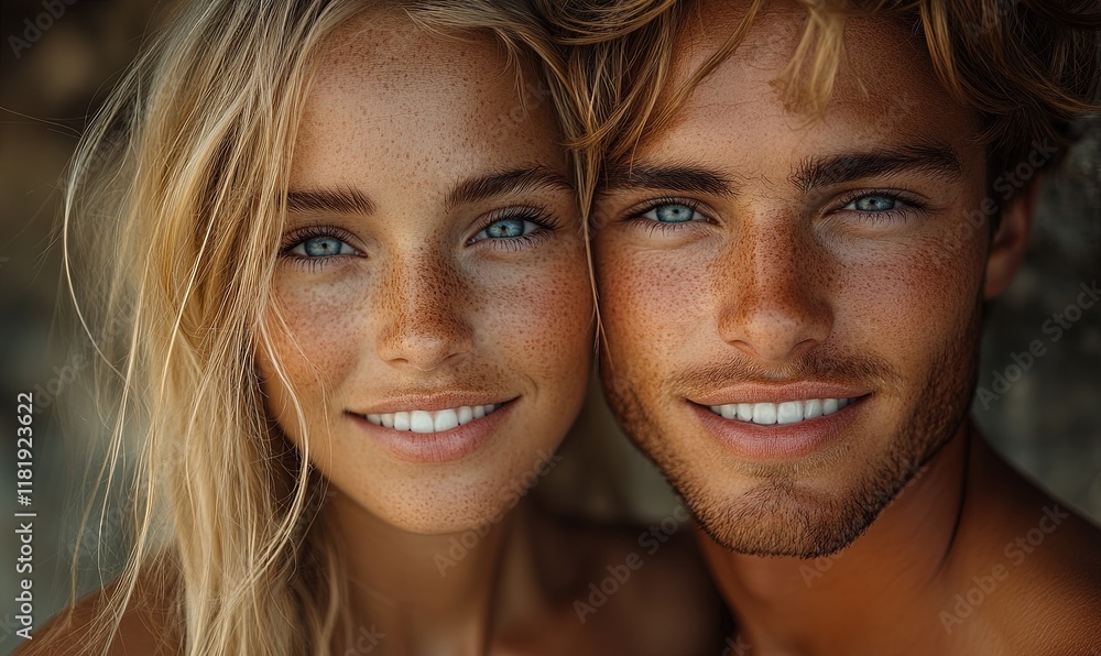 A close-up portrait of a smiling couple with sun-kissed skin and bright blue eyes, radiating happiness. A close-up portrait of a smiling couple with sun-kissed skin and bright blue eyes, radiating happiness.