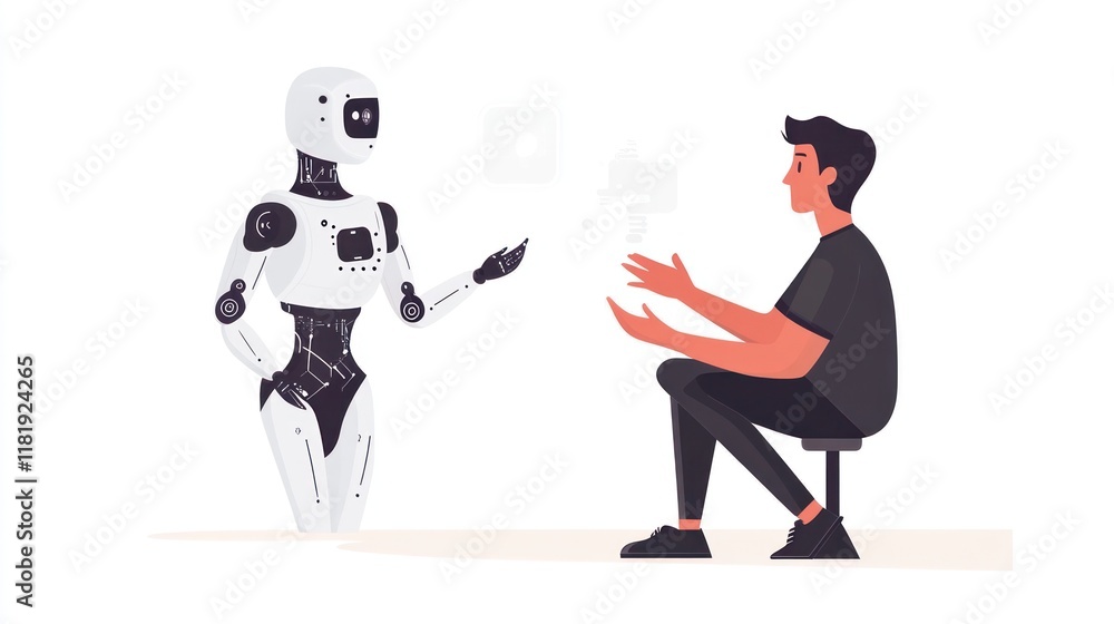 Obraz premium Man interacting with a robot, AI communication concept.