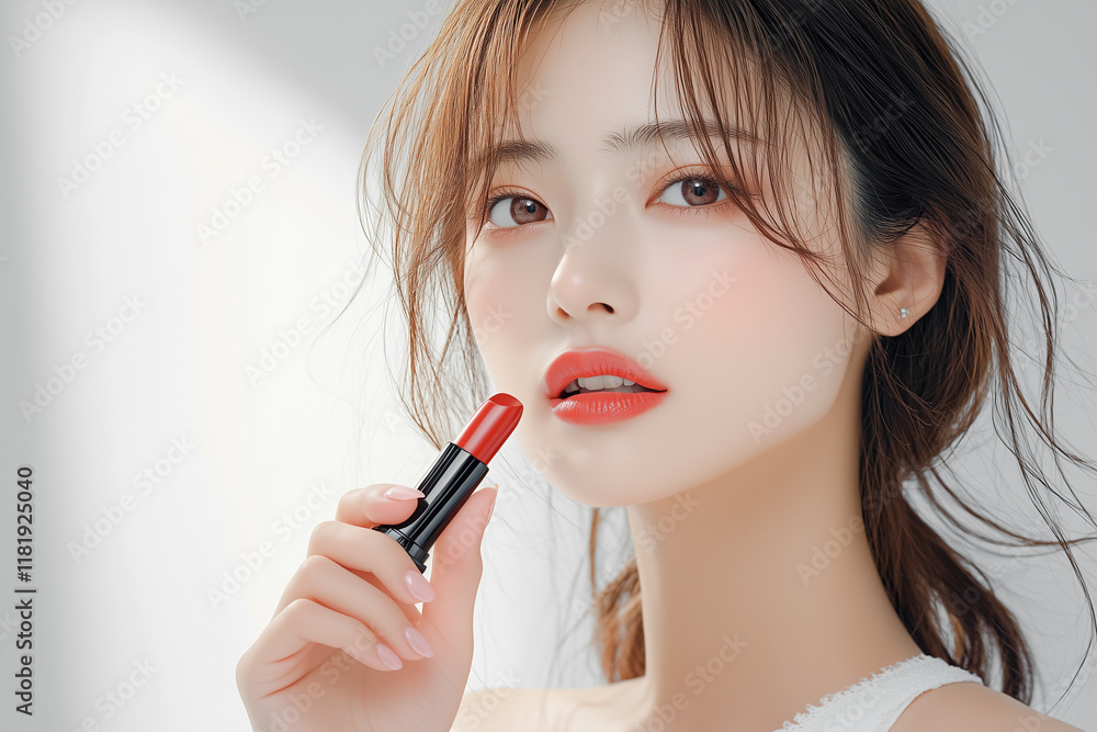 美し女性が口紅を塗るメイクシーン。美容、ビューティー、化粧品のイメージ素材。 美し女性が口紅を塗るメイクシーン。美容、ビューティー、化粧品のイメージ素材。