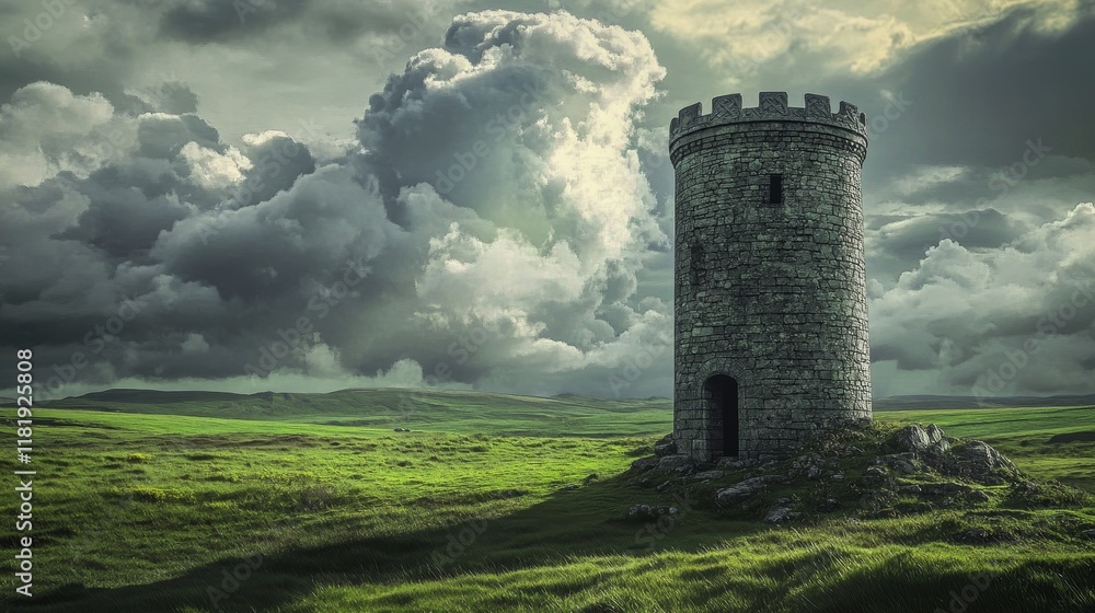 Enchanting Illustration of Celtic Round Tower Amidst Ancient Green Meadow in Cloudy Skies Enchanting Illustration of Celtic Round Tower Amidst Ancient Green Meadow in Cloudy Skies