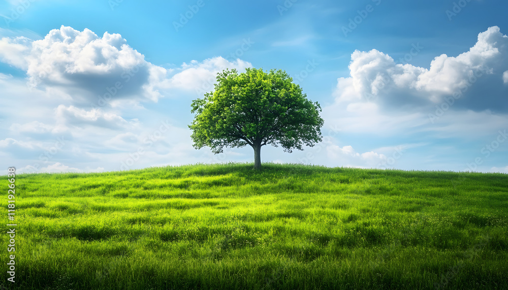 A solitary tree stands on a grassy hill under a blue sky A solitary tree stands on a grassy hill under a blue sky