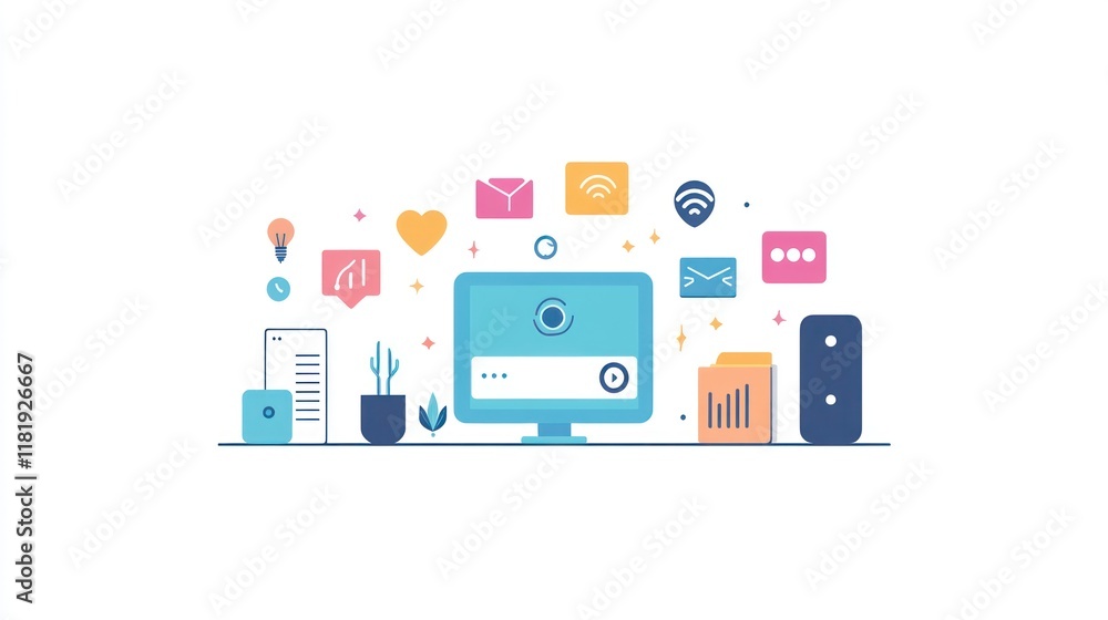 Digital workspace with computer, icons, and smart devices. Digital workspace with computer, icons, and smart devices.