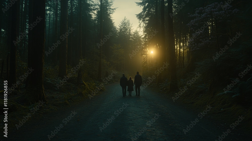 Family Silhouette Walking Forest Sunset Path Family Silhouette Walking Forest Sunset Path