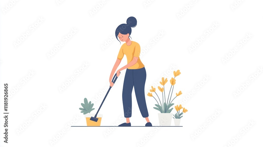 Woman cleaning potted plants with a small handheld broom. Woman cleaning potted plants with a small handheld broom.