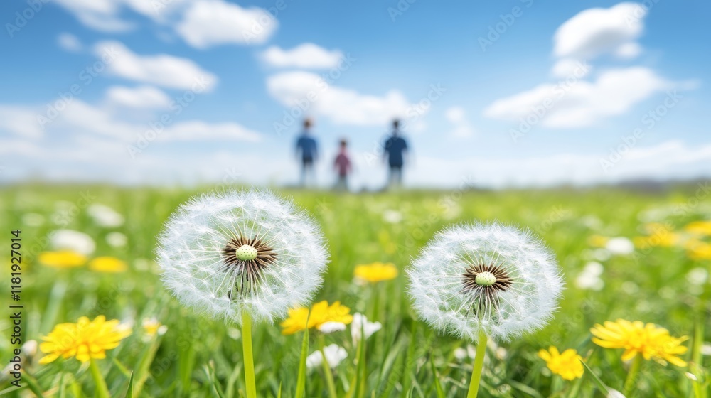Obraz premium Family Walking in Sunny Meadow with Dandelions