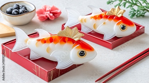 Decorative Koi Fish Figurines in Red Boxes photo