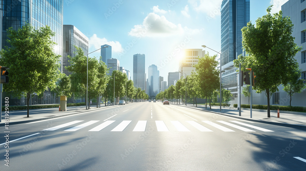 Empty city street with several pedestrians walking along the sidewalks, No driving day Empty city street with several pedestrians walking along the sidewalks, No driving day