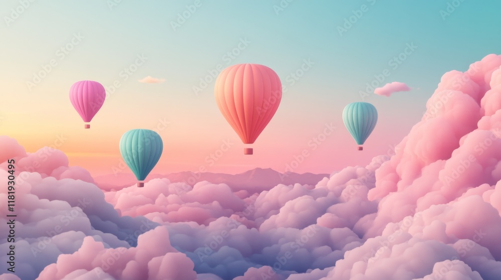 Obraz premium Dreamy Hot Air Balloons Floating in Colorful Clouds at Sunrise, Whimsical and Lighthearted Design