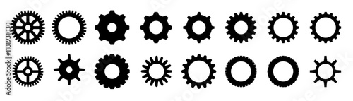 Gears shapes line icons. Flat machine gear icon. Wheel cogwheel vector. Simple outline isolated elements. Black gear.