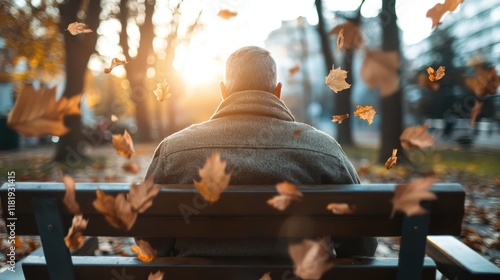 A contemplative figure sitting on a bench surrounded by falling autumn leaves, evoking feelings of nostalgia, peace, and the beauty of nature during the fall season.