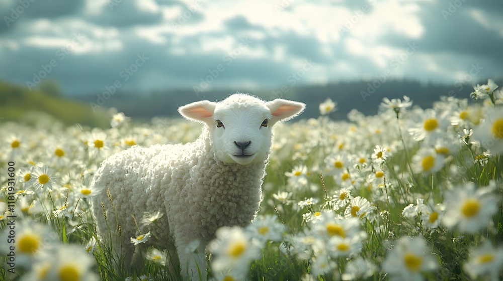 Fototapeta premium Artistic representation of a lamb in a pastoral field, symbolizing the essence of Easter in a serene style