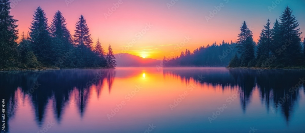 Fototapeta premium A serene lake reflecting the soft hues of sunrise over a forested shoreline.