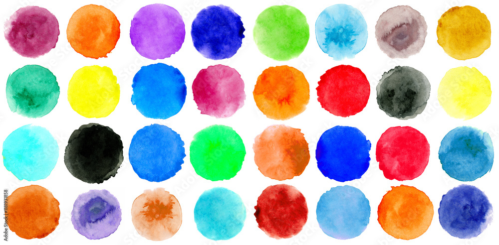 Set of hand painted watercolor textured round backgrounds isolated on white. Collection of multicolor brush strokes. Set of hand painted watercolor textured round backgrounds isolated on white. Collection of multicolor brush strokes.