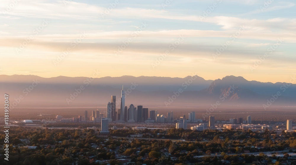 Obraz premium A panoramic view of a city skyline at sunset, shrouded in mist, with distant mountains under a colorful sky.