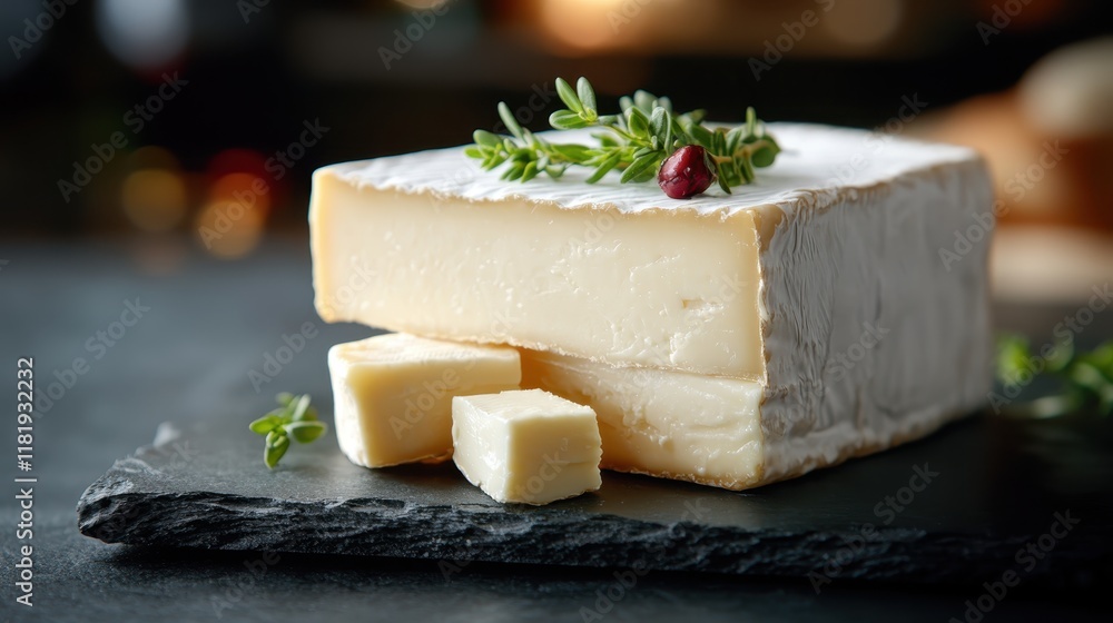 A rich, soft cheese adorned with fresh herbs and decorative butter cubes, styled beautifully on a slate platter, inviting a taste of gourmet luxury. A rich, soft cheese adorned with fresh herbs and decorative butter cubes, styled beautifully on a slate platter, inviting a taste of gourmet luxury.