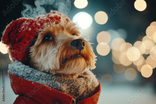 Sad cute adult dog airedale terrier in winter warm clothes, icy air from nose and mouth in cold atmosphere. Problem of struggling animals. Social digital ads - Ð°nimal care. Winter pet shelter. photo