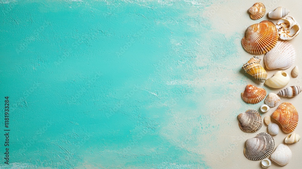 Obraz premium Colorful Seashells Arranged on Beach with Turquoise Water Background