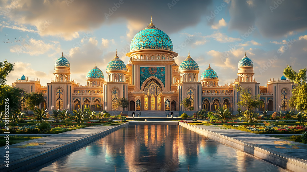 Fototapeta premium Majestic Palace Reflecting in a Calm Pond with Serene Surroundings and Elegant Design