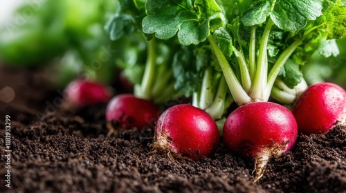 A close-up view of healthy red radishes pushing through the soil, embodying the essence of growth and the beauty of nature’s bounty in a garden environment.
