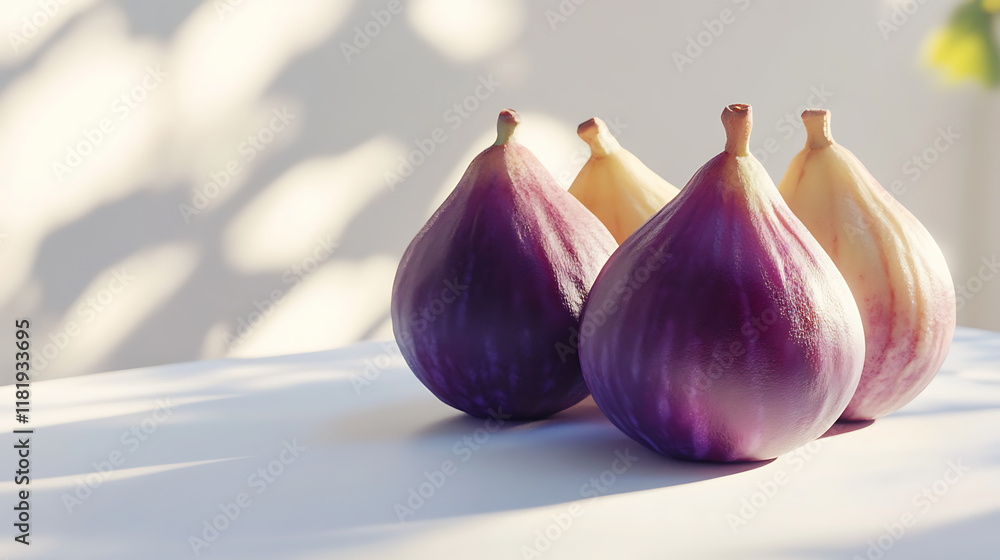 Fototapeta premium A close-up of purple and white figs arranged on a surface with soft lighting.