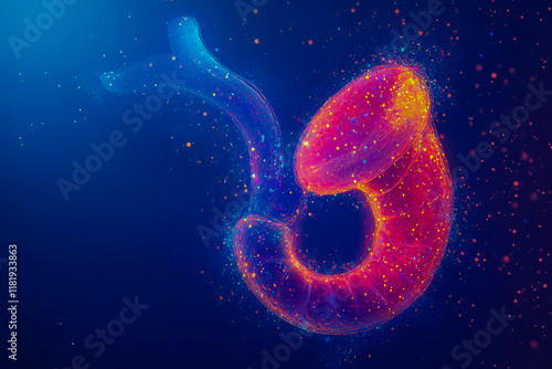 Gut health concept with an illustrated human stomach, digestive system and stomach acid on a vibrant blue background, highlighting digestive health and balance. photo