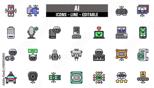 Set of 25 line icons artificial intelligence. Editable stroke. Vector illustration photo