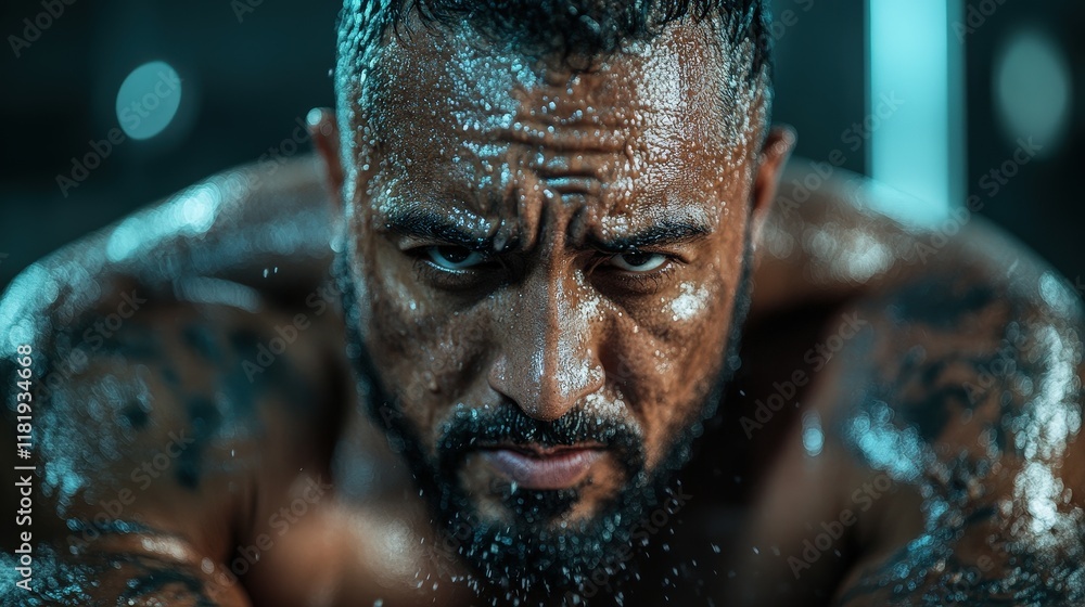 A focused male athlete drenched in sweat, showcasing strength and determination during an intense training session, epitomizing the dedication necessary for achieving fitness goals. A focused male athlete drenched in sweat, showcasing strength and determination during an intense training session, epitomizing the dedication necessary for achieving fitness goals.