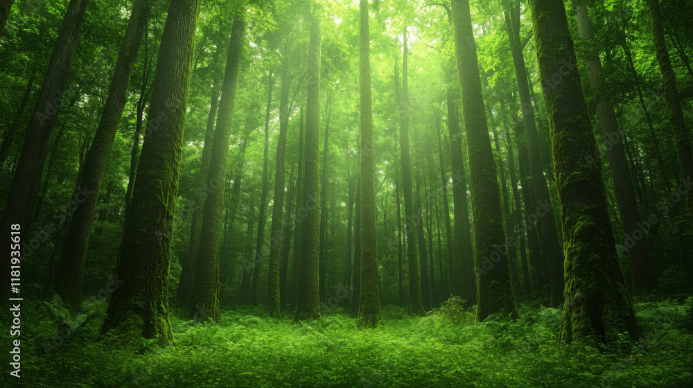 Obraz premium dense forest filled with tall, towering trees, lush greenery, and soft light filtering through canopy creates serene and tranquil atmosphere
