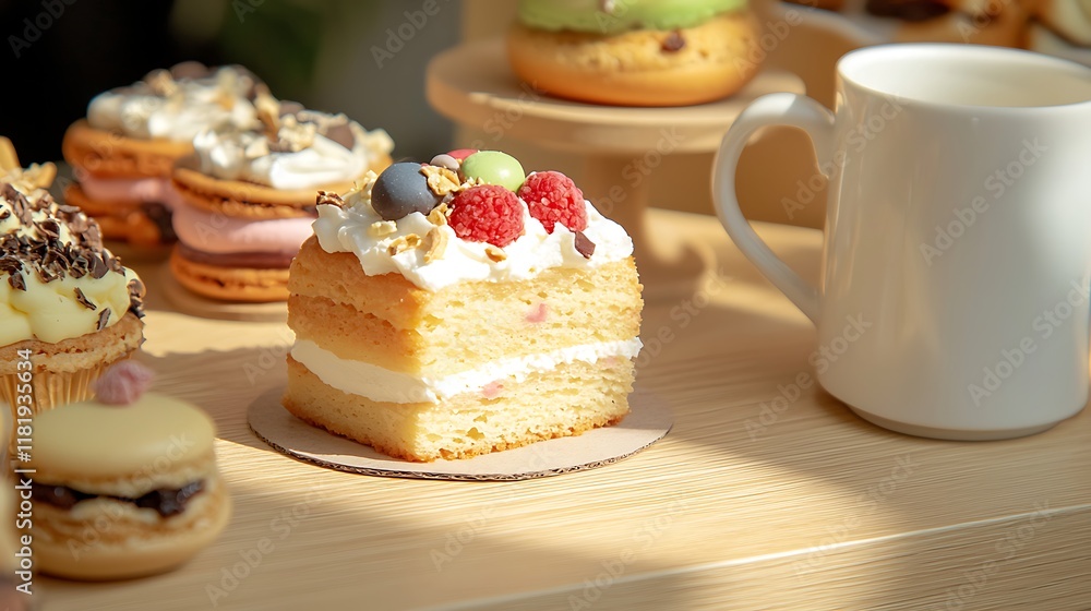 Delicious Cake Slice with Raspberries and Macarons Delicious Cake Slice with Raspberries and Macarons