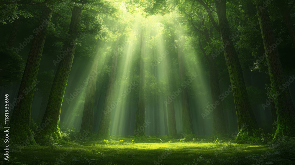Obraz premium dense forest filled with tall towering trees, sunlight streaming through canopy, creating serene and magical atmosphere. lush greenery invites tranquility and peace
