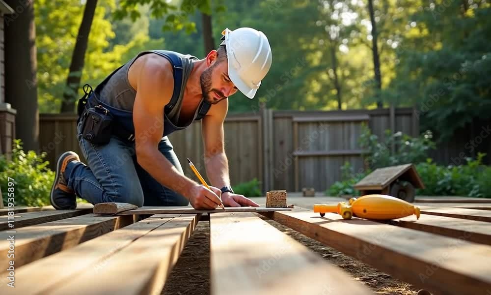 A construction worker carpenter building a wooden deck, showcasing craftsmanship, skill, and the art of modern construction