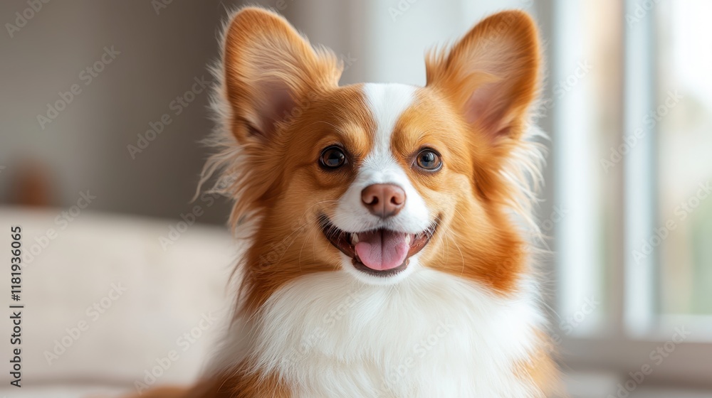 A smiling dog with vibrant fur and bright eyes captured in a joyful pose, epitomizing happiness and the playful nature of pets in a sunlit indoor setting. A smiling dog with vibrant fur and bright eyes captured in a joyful pose, epitomizing happiness and the playful nature of pets in a sunlit indoor setting.