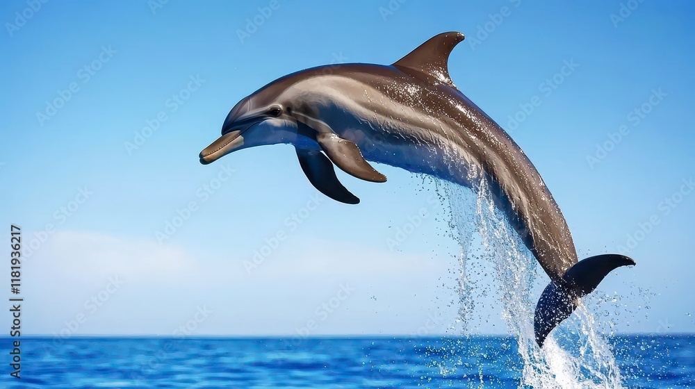 Obraz premium Dolphin jumping in ocean waters marine environment wildlife photography vibrant blue sky dynamic action shot for nature enthusiasts