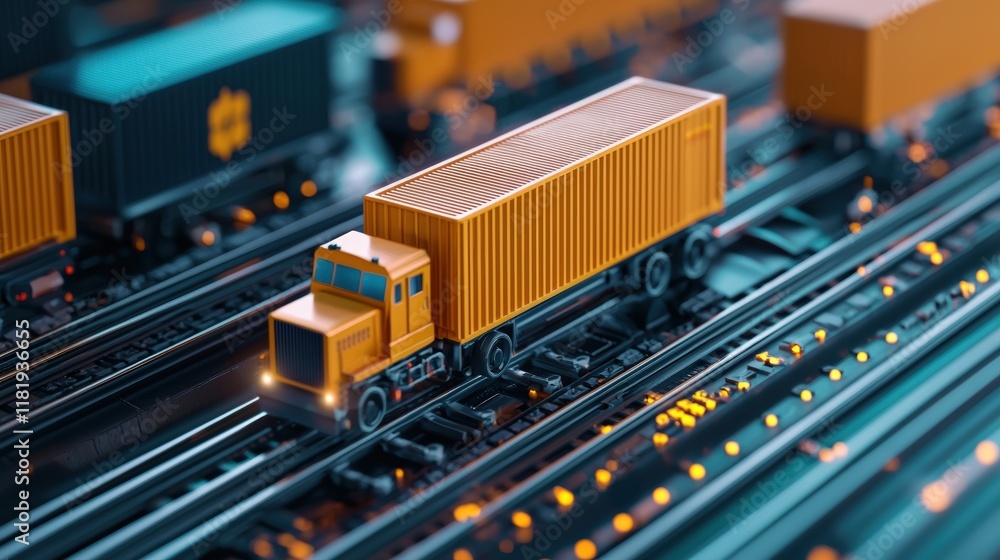 A miniature orange truck transporting a container on a railway track surrounded by other cargo containers, showcasing a bustling logistics environment. A miniature orange truck transporting a container on a railway track surrounded by other cargo containers, showcasing a bustling logistics environment.