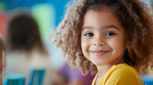 A Happy Young Girl With Curly Brown Hair Smiles photo