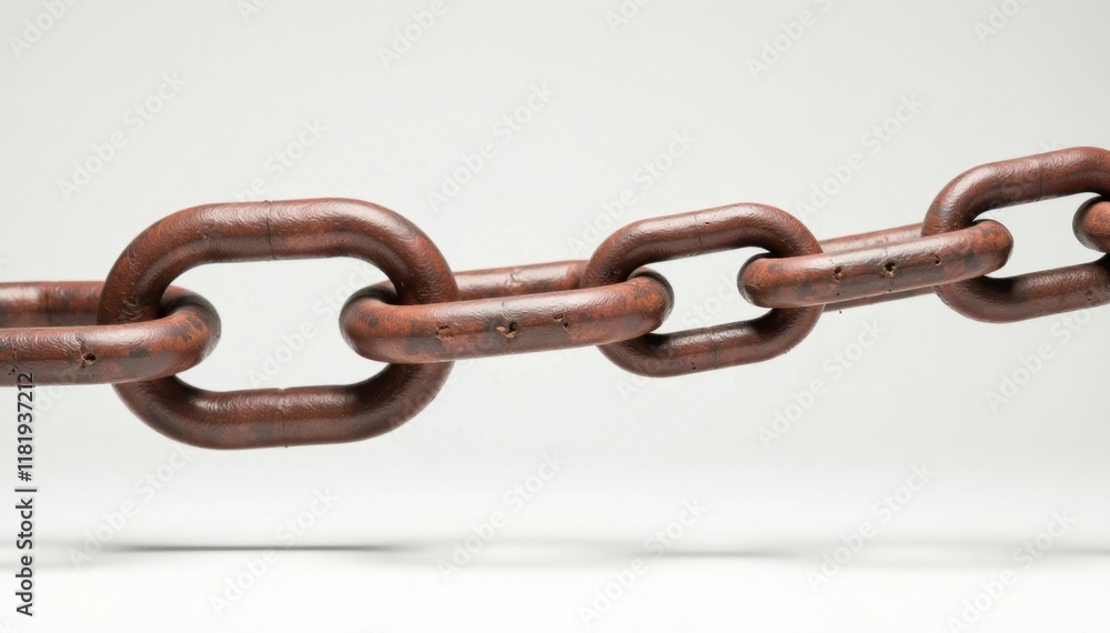 Obraz premium Old rusty metal chain suspended in air on white background , decay, still life, object
