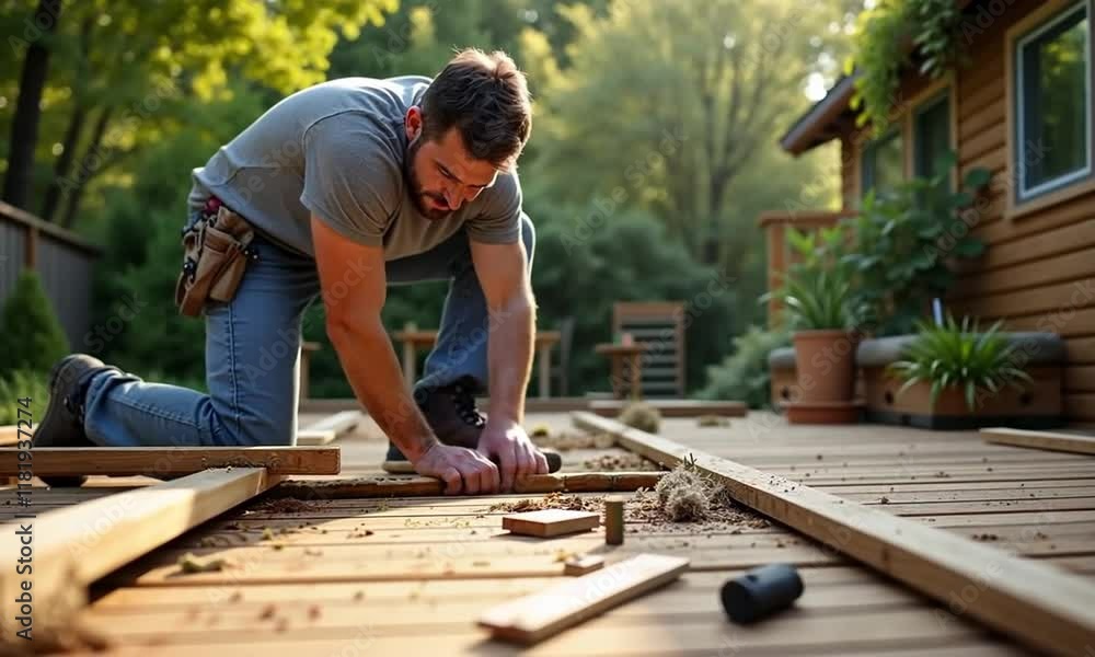 A construction worker carpenter building a wooden deck, showcasing craftsmanship, skill, and the art of modern construction