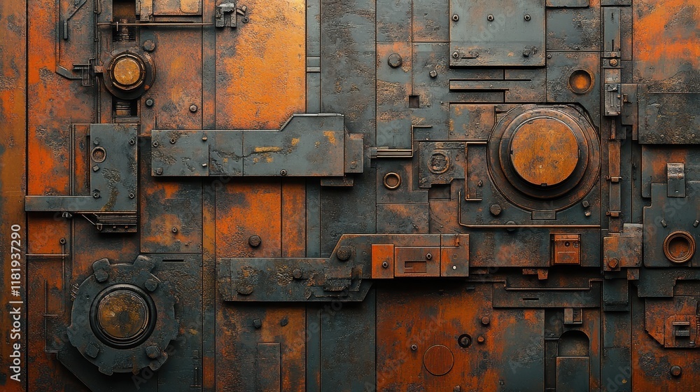 Industrial Steampunk Background with Rusty Metal Panels and Mechanical Gears in a Vintage Futuristic Design Industrial Steampunk Background with Rusty Metal Panels and Mechanical Gears in a Vintage Futuristic Design