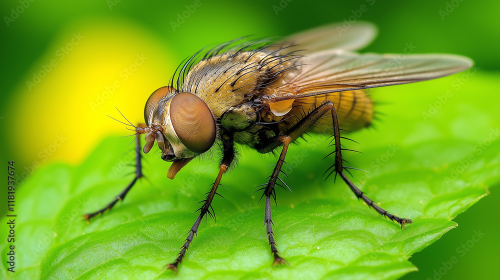 Macro Close-Up: A highly detailed shot of a housefly perched on a green leaf, focusing on its compound eyes, wings, and body textures, captured in bright natural light Macro Close-Up: A highly detailed shot of a housefly perched on a green leaf, focusing on its compound eyes, wings, and body textures, captured in bright natural light