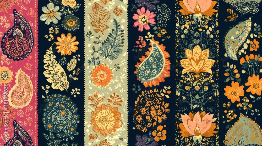 Vibrant Indian Block Print Patterns with Repeated Floral and Paisley Motifs in Natural Dyes Vibrant Indian Block Print Patterns with Repeated Floral and Paisley Motifs in Natural Dyes