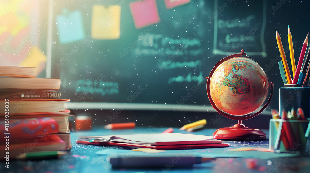Fototapeta premium Classroom Still Life with Books Globe and Pencils