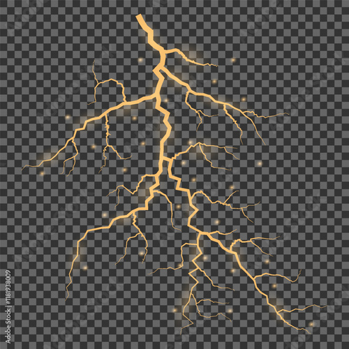 Bright glow of lightning. Realistic effect of bright electric discharge of blue lightning. Yellow lightning effect with sparks on black background. Vector illustration