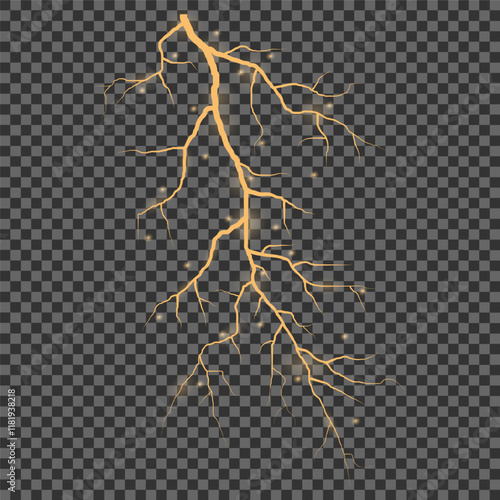 Bright glow of lightning. Realistic effect of bright electric discharge of blue lightning. Yellow lightning effect with sparks on black background. Vector illustration