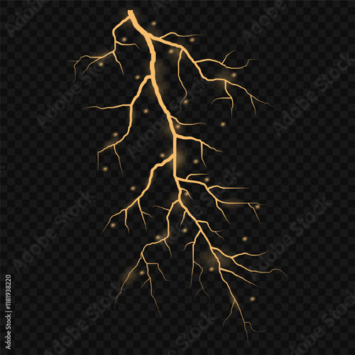 Bright glow of lightning. Realistic effect of bright electric discharge of blue lightning. Yellow lightning effect with sparks on black background. Vector illustration