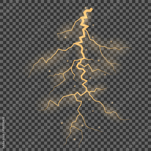 Bright glow of lightning. Realistic effect of bright electric discharge of blue lightning. Yellow lightning effect with sparks on black background. Vector illustration