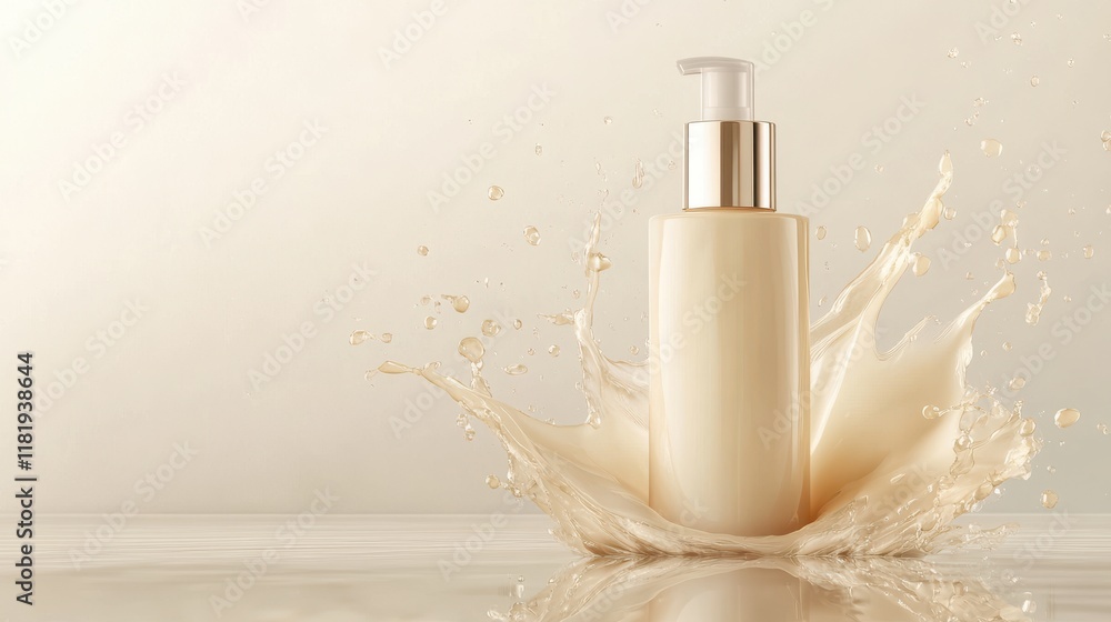Elegant dual-necked lotion bottle splashing nourishing liquid on pristine white background Elegant dual-necked lotion bottle splashing nourishing liquid on pristine white background