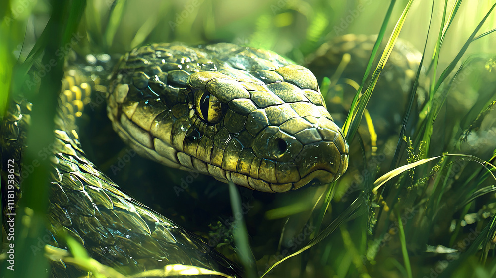 Close-up of a snake in grassy surroundings during daylight Close-up of a snake in grassy surroundings during daylight