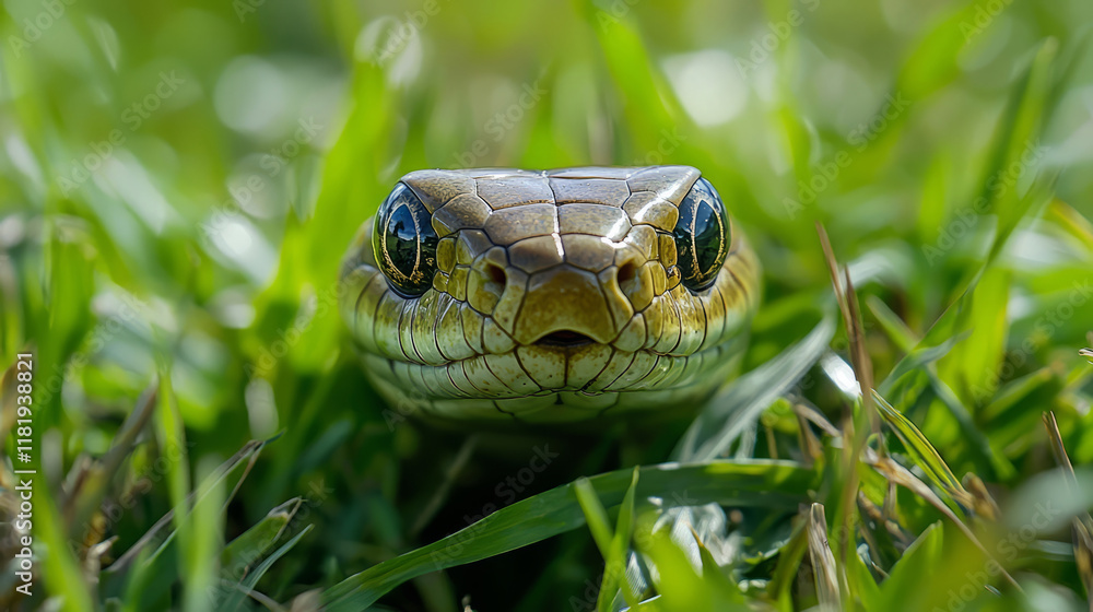 Obraz premium Close-up of snake head emerging from grass in natural environment